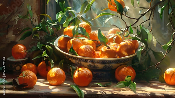 Fototapeta Still life with tangerines in a bowl on the windowsill