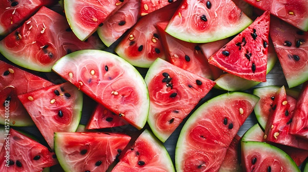 Fototapeta Slices of watermelon on a wooden background. Top view.