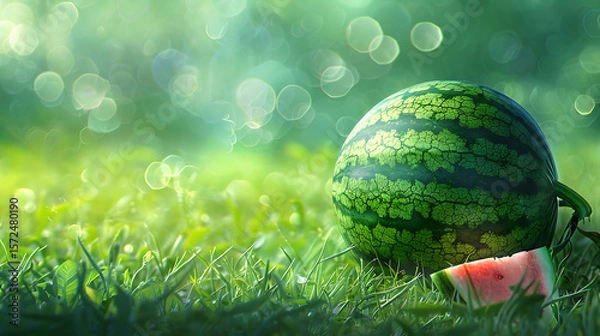 Fototapeta Watermelon on the green grass with bokeh background.