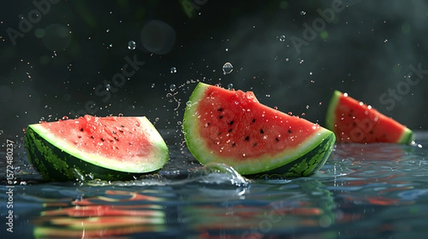 Fototapeta pieces of Watermelon with splashes and drops of water on a dark background on water