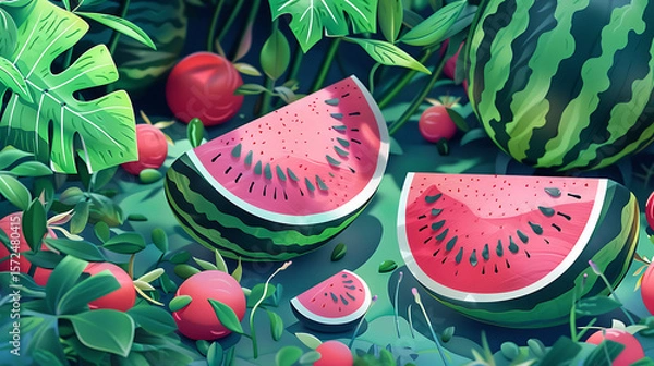Fototapeta Watermelon and cherry in the garden. Realistic vector illustration.