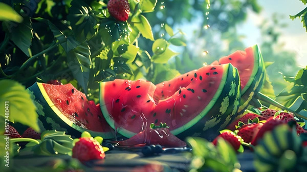 Fototapeta juicy piece of watermelon and strawberry on the table in the garden. 3d visualization