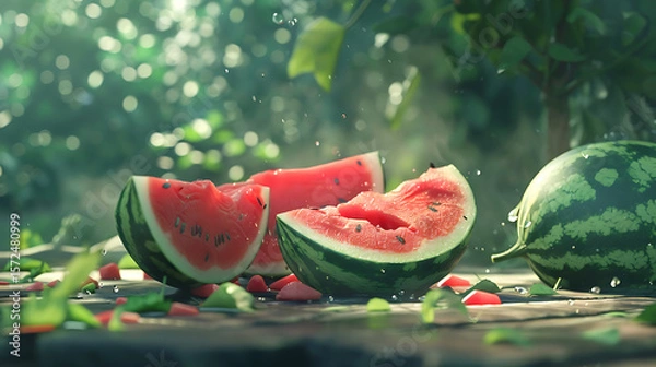 Fototapeta Watermelon slices with drops of water on wooden table, summer background