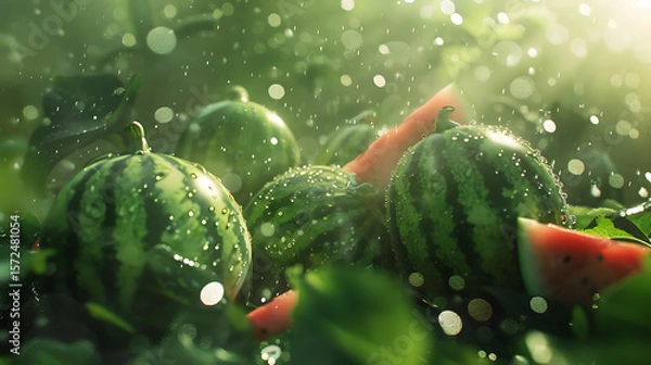 Fototapeta Watermelons with water drops in the rain on a green background. Selective focus.
