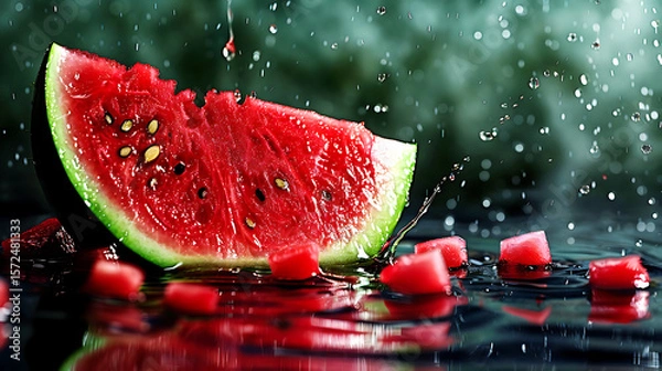 Fototapeta Watermelon falling into the water with splashes and drops of water