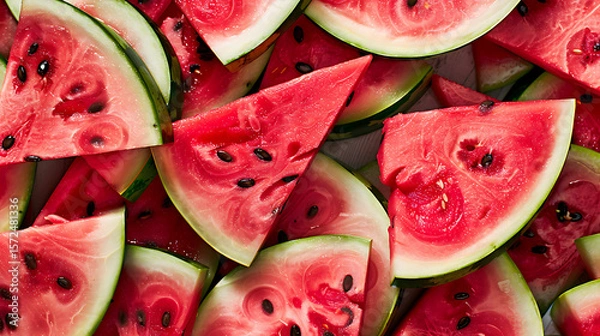 Fototapeta Triangular pieces of watermelon on the background. The view from above.