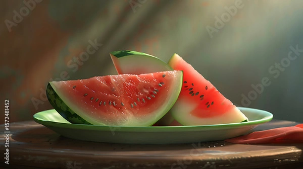 Fototapeta Slices of watermelon on a green plate on a dark background with sunlight