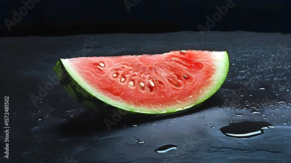 Fototapeta Slice of watermelon on a black background with water drops.
