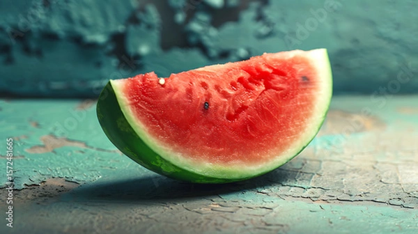 Fototapeta Slice of ripe watermelon on color wooden background, closeup