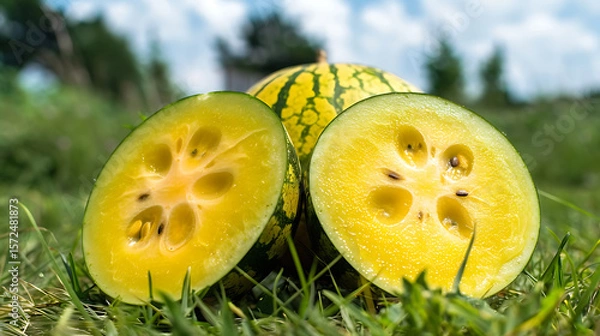 Fototapeta Slices of yellow watermelon on the green grass in summer