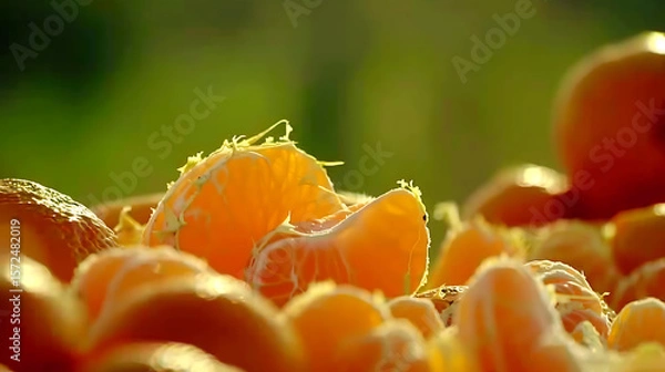 Fototapeta peeled slices of tangerine in the sun. Shallow depth of field.
