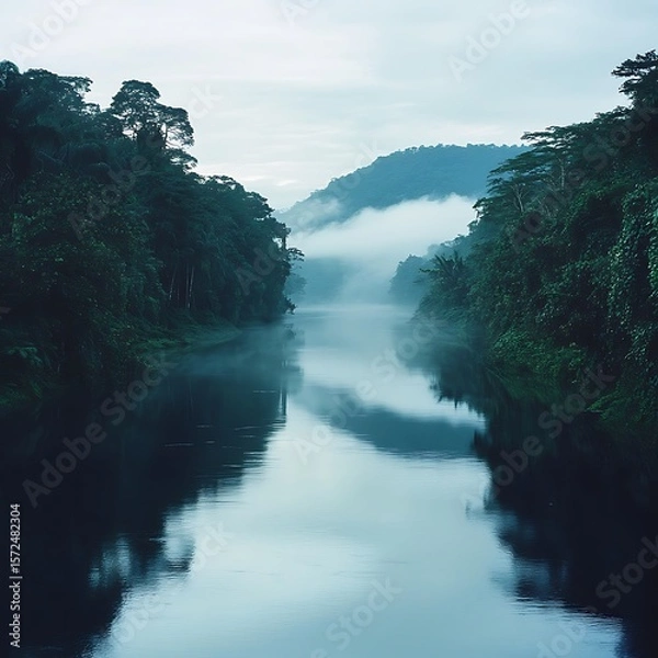 Obraz Morning mist hovering over quiet jungle river scene high resolution picture