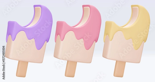 Fototapeta Set bitten Ice cream with chokolate glaze, icon, 3d render. Design elements. Realistic fast food icon. Sweet food. Vector illustration isolated on white for menu, shop, flyer, banner, web, adv, sale
