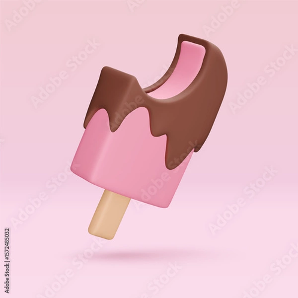 Fototapeta Pink bitten Ice cream with chokolate glaze, icon, 3d render. Design elements. Realistic fast food icon. Sweet food. Vector illustration isolated on white for menu, shop, flyer, banner, web, adv, sale