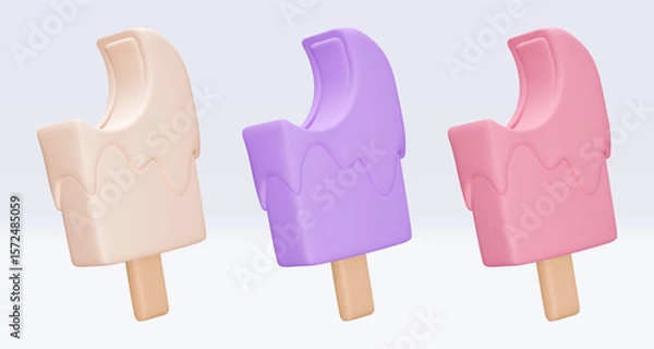 Fototapeta Set bitten Ice cream with chokolate glaze, icon, 3d render. Design elements. Realistic fast food icon. Sweet food. Vector illustration isolated on white for menu, shop, flyer, banner, web, adv, sale