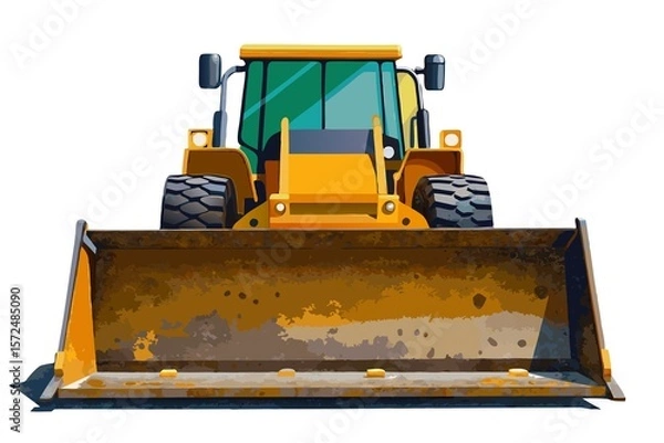 Fototapeta Grader bulldozer with a large bucket isolated on white
