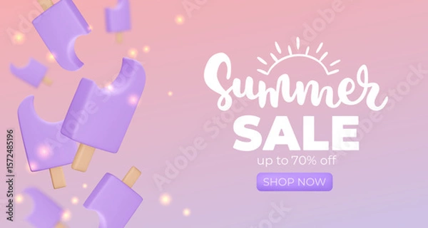 Fototapeta Banner with purple Ice cream on pink background, summer sale, up to 70%, 3d render. Design elements. Realistic sweet food poster. Vector illustration for menu, shop, flyer, web, adv, sale