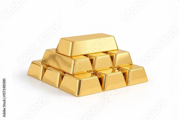 Fototapeta Gleaming gold bars stacked as a pyramid, symbolizing wealth and investment. Isolated on white background.