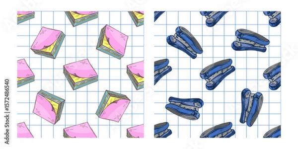 Fototapeta Hand drawn seamless pattern of sticky notes and staplers in pastel colors on squared paper background, vintage style