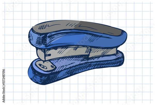 Fototapeta Hand drawn vintage sketch of blue stapler on squared notebook background in color, isolated vector illustration