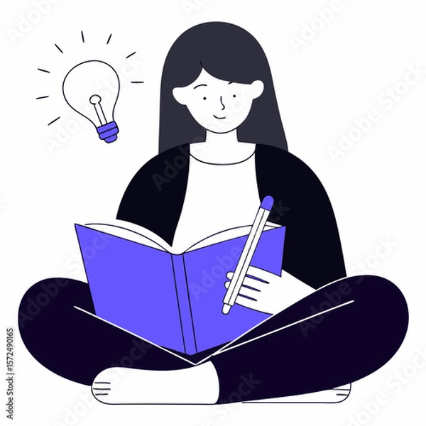 Obraz Young Woman Sitting Cross-Legged with a Book and Pen Illustrating Creative Thinking and Idea Generation