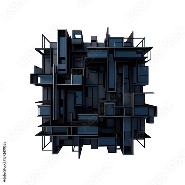 Fototapeta Abstract Dark Blue and Gray Geometric 3 D Structure Complex Interlocking Cubes and Rectangular Forms Architectural Model Futuristic Design isolated on a transparent background