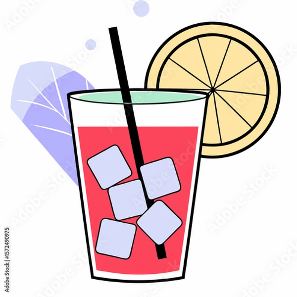 Obraz A glass filled with orange juice and ice cubes, garnished with a slice of orange on white background