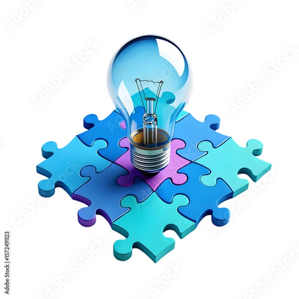 Fototapeta Blue Lightbulb Idea Solution Puzzle Pieces Concept 3 D Render Illustration isolated on a transparent background