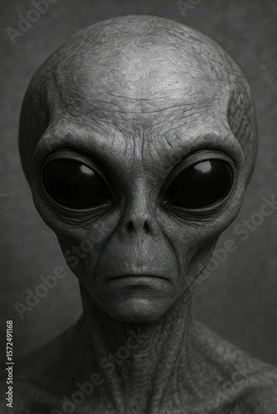 Obraz  extraterrestrial alien with large black eyes elongated head and textured skin on dark background