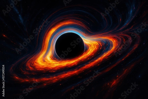 Obraz Black hole in deep space with glowing orange and red accretion disk swirling around event horizon featuring gravitational lensing and curved light distortion in a cosmic science fiction background