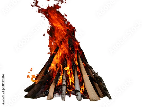 Fototapeta Bright orange and yellow flames engulfing a bonfire of birch logs burning intensely against a stark  isolated on a transparent background
