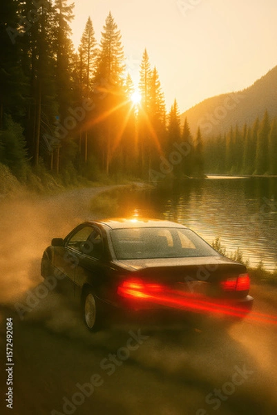 Obraz Black car speeding along dusty forest road beside calm lake at golden sunset with sun rays filtering through pine trees