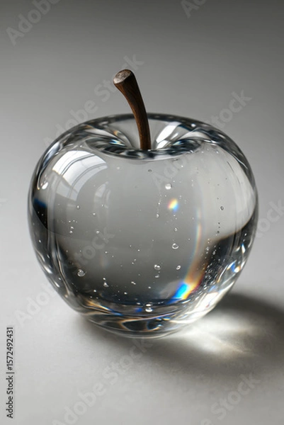 Obraz Clear glass apple sculpture with bubbles and smooth surface casting soft shadows on neutral background