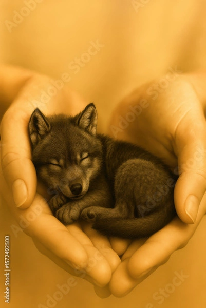 Obraz Tiny sleeping baby wolf curled up in gentle human hands with warm golden lighting symbolizing care and protection
