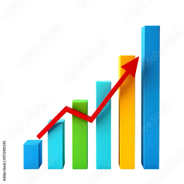 Fototapeta Colorful 3 D Bar Graph Showing Upward Trend with Red Arrow Isolated on a transparent background chart