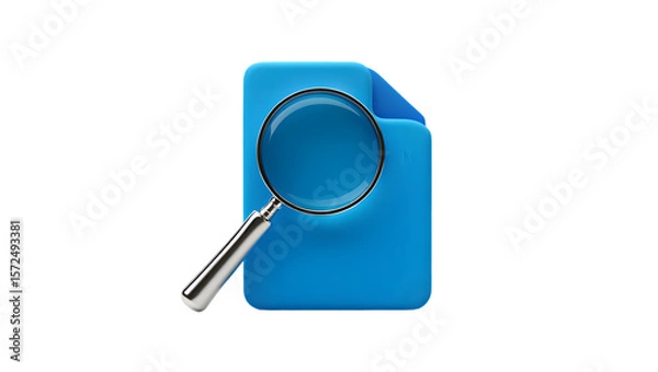 Fototapeta A metallic magnifying glass rests atop a vibrant blue digital file folder icon isolated on a transparent background