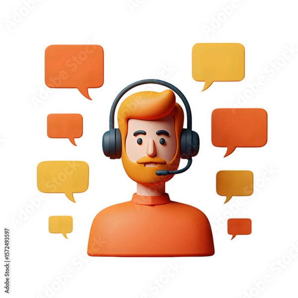 Fototapeta Orange Shirt Redhead Male 3 D Cartoon Customer Service Agent with Headset and Speech Bubbles isolated on a transparent background