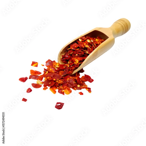 Fototapeta Red Chili Flakes Pouring from Wooden Scoop Isolated on a transparent background spice pepper
