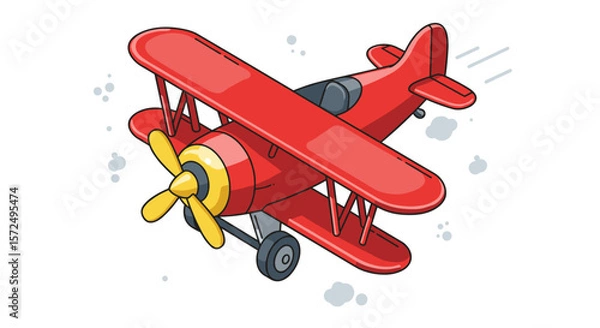 Obraz Cute red vintage airplane with cartoon clouds in motion