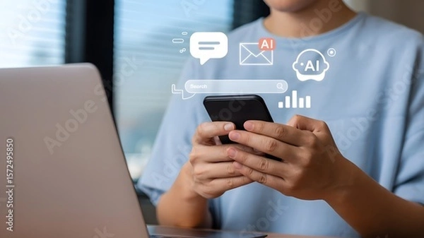 Fototapeta A person uses a smartphone with airelated icons appearing above it