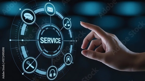 Fototapeta A hand touches a virtual screen displaying a circular service icon network