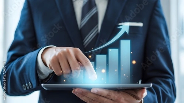 Fototapeta A businessman uses a tablet to analyze a growing graph, symbolizing business success and growth
