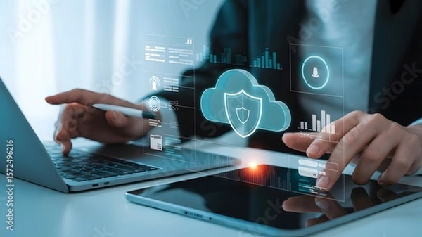 Fototapeta A businesswoman uses a laptop and tablet, with a digital cloud security interface displayed
