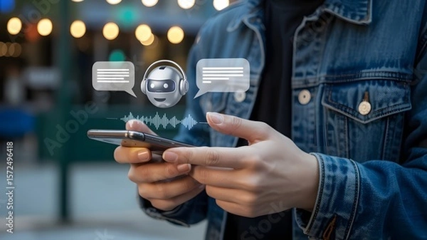 Fototapeta Person using a smartphone with a chatbot interface for customer service
