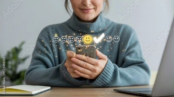 Fototapeta A woman uses her smartphone to provide positive feedback, selecting a happy face on a customer satisfaction survey