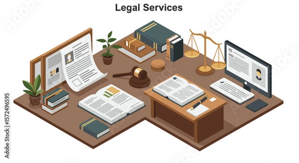 Obraz Isometric office design for legal services with scales of justice and documents