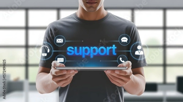 Fototapeta A man holds a tablet displaying the word support surrounded by communication icons, offering assistance and solutions