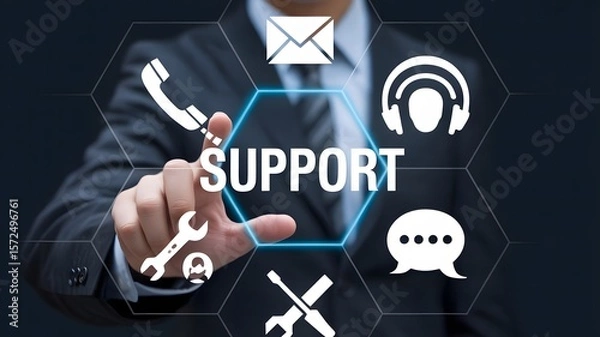 Fototapeta A businessmans finger touches a glowing hexagon displaying support, surrounded by relevant icons