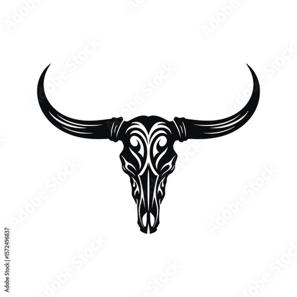 Fototapeta Tribal Style Bull Skull with Large Horns Black and White Vector Illustration