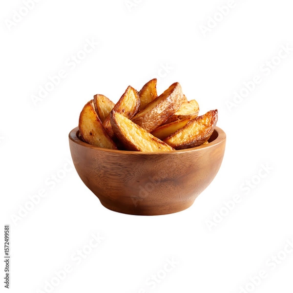 Fototapeta wooden bowl of crispy potato wedges isolated on a transparent background, in a PNG format